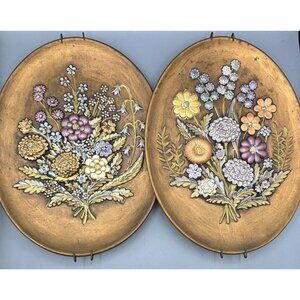 Vtg 70s Oval Floral Wall Plaques Set Of 2 Hand-Painted‎ 3D Relief Art Gold